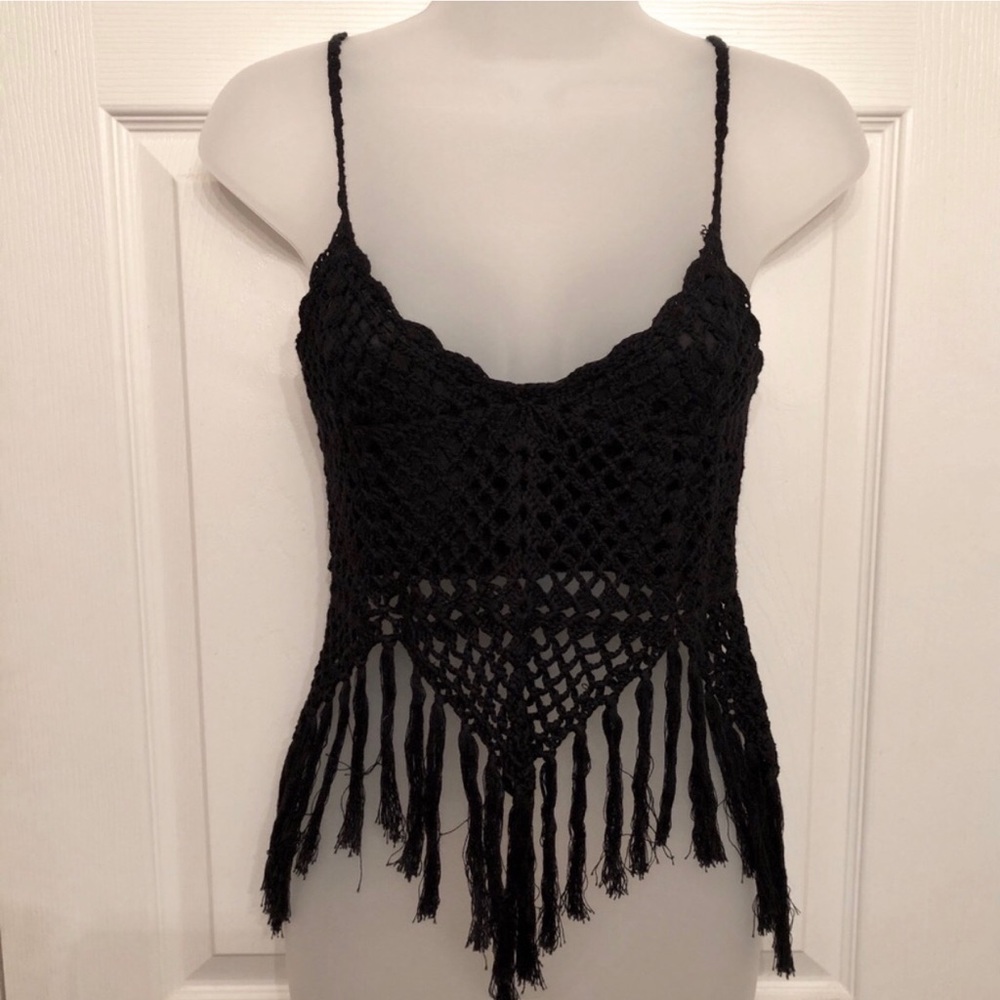Black fringe detail Spaghetti strap top